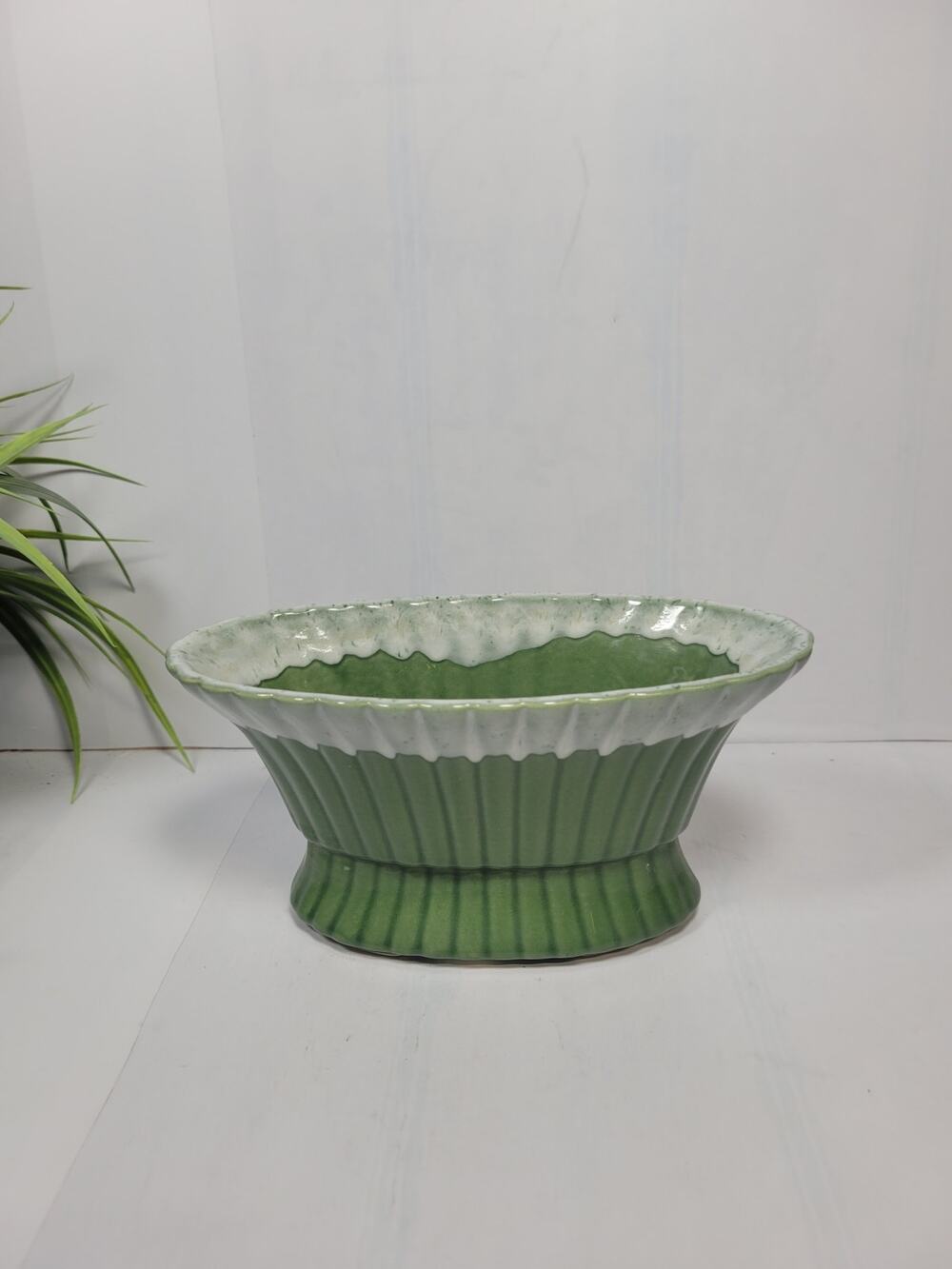 Vintage MCM Green Ribbed Ceramic Planter Footed USA White Drip Glaze Vase